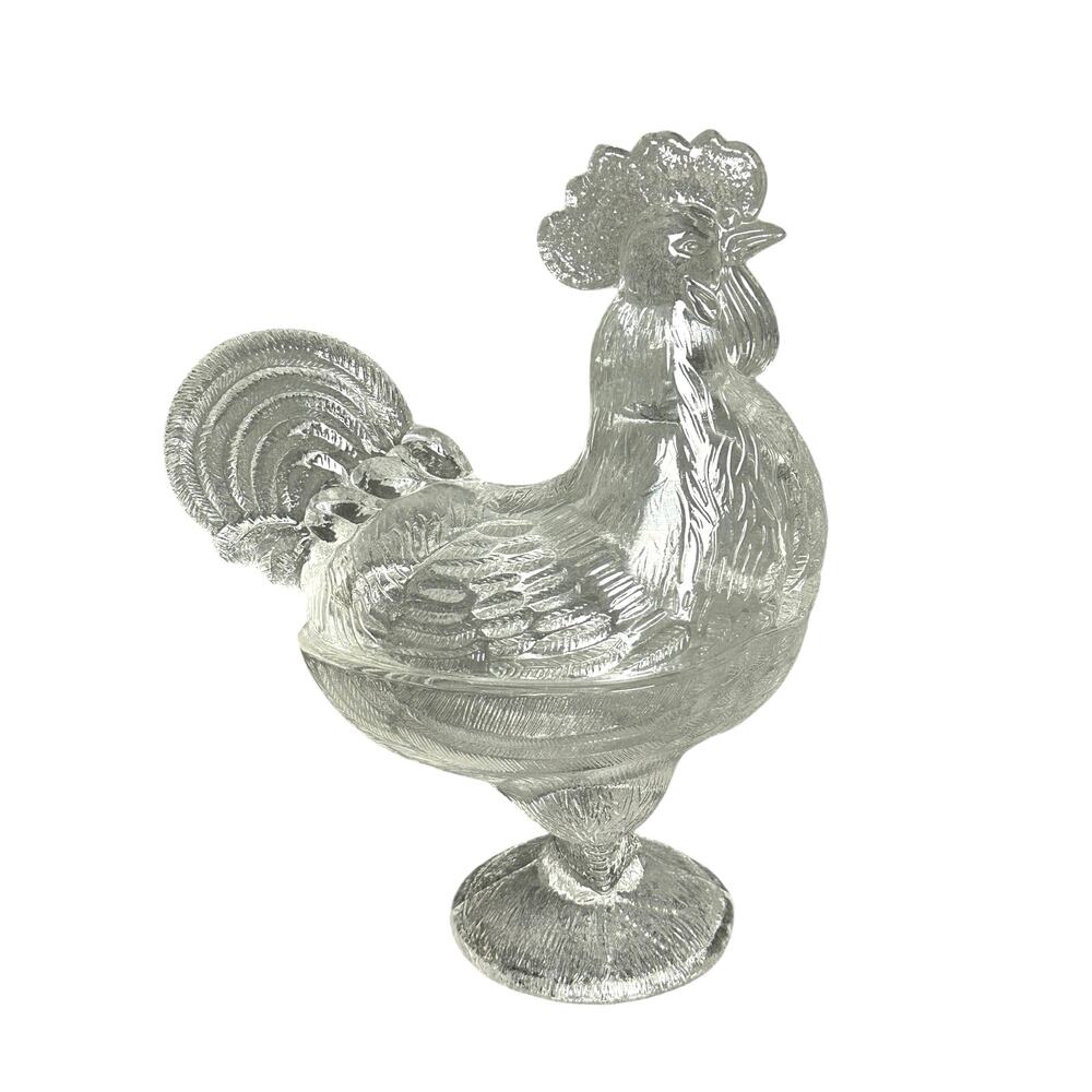 Vintage clear glass rooster on nest candy dish lidded footed 8.5” farmhouse